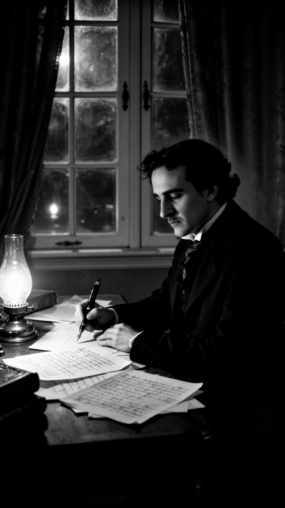 Portrait of an author at a writing desk by lamplight
